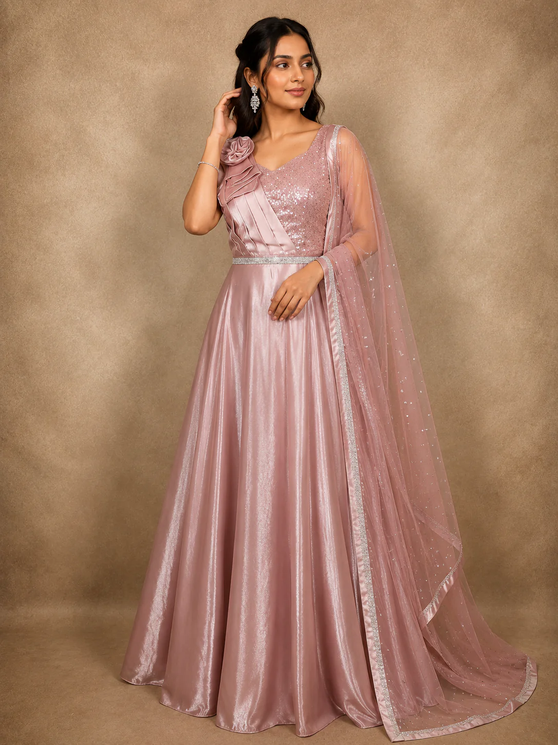 Soft Blush Rose Pink Sequins Embroidered Design Satin Partywear Gown
